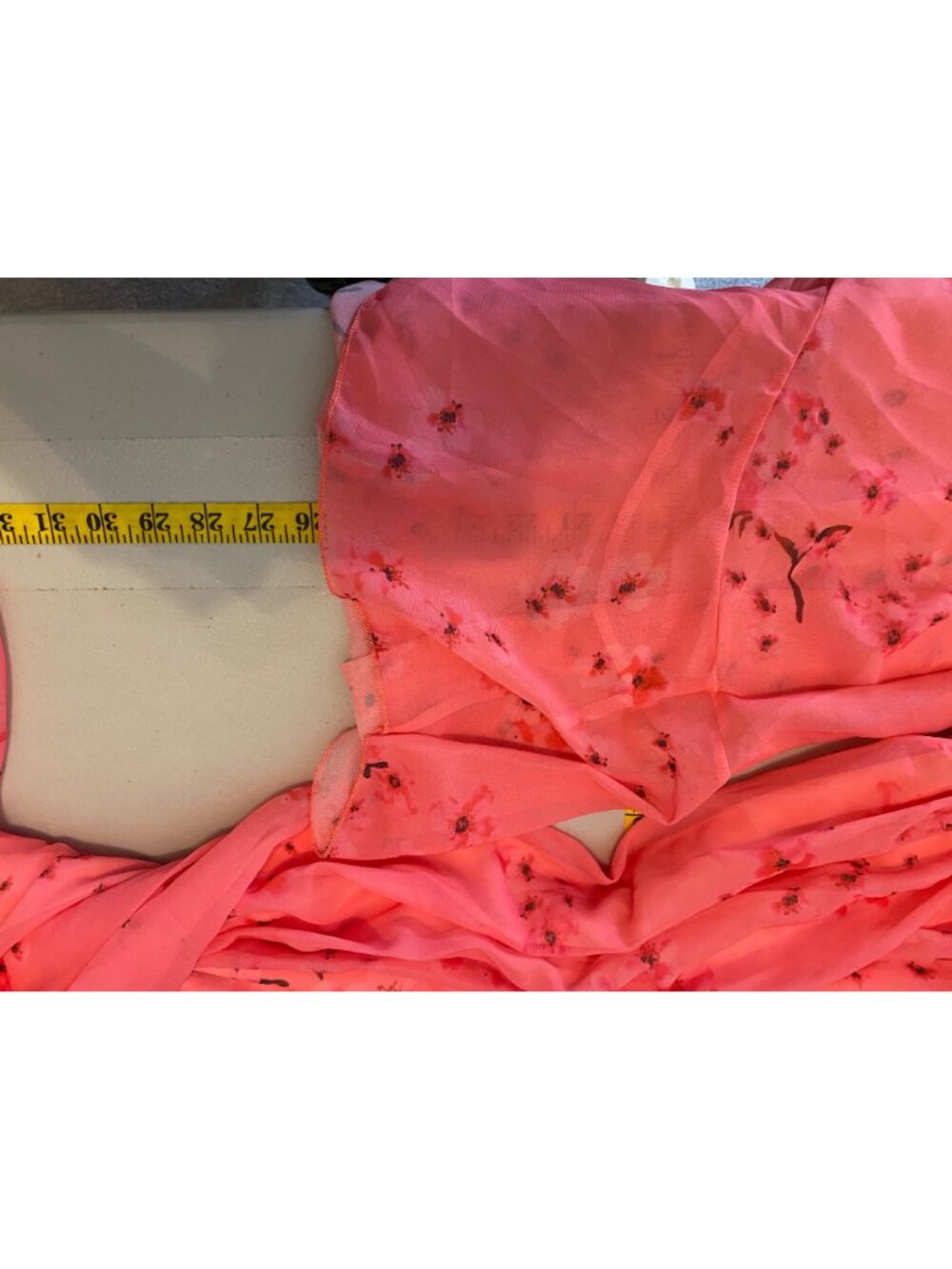 Floral Coral Pink Maxi Dress Sheer Bell Sleeves V-Neck Waist Tie XL - Picture 11 of 11
